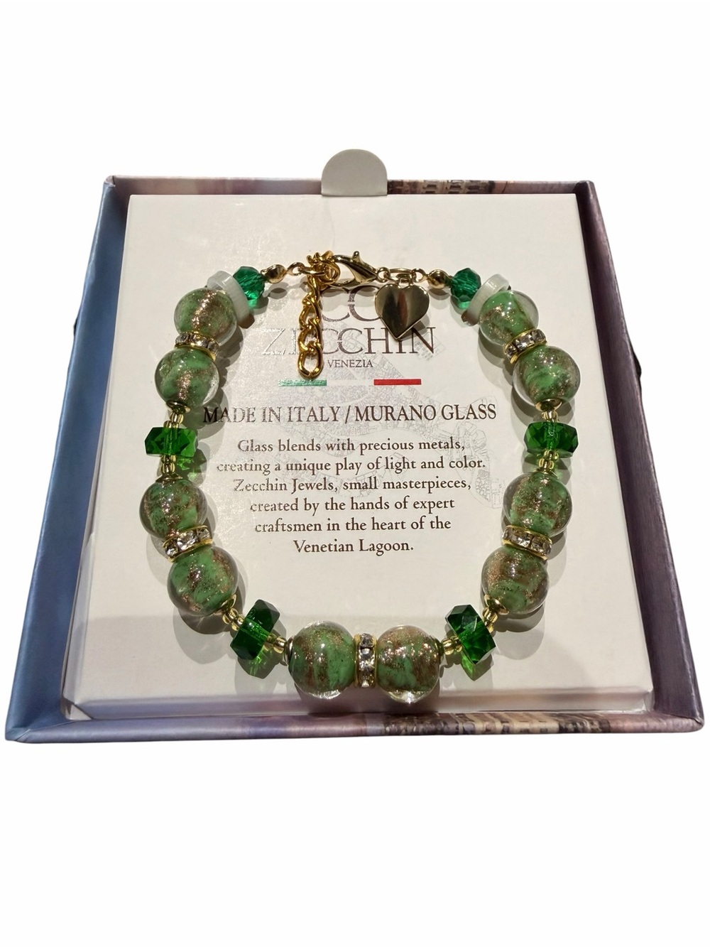CC ZECCIN VENEZIA Green Murano Glass Bead Bracelet with Gold Accents